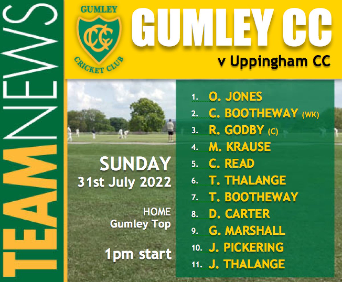gumleycc's tweet photo. Teams for the weekend. Saturday away @BharatSportsCC and Sunday home @UTCC_ Good luck lads (and lass), here's to a couple of great games. https://t.co/XTl4XcnCbW
