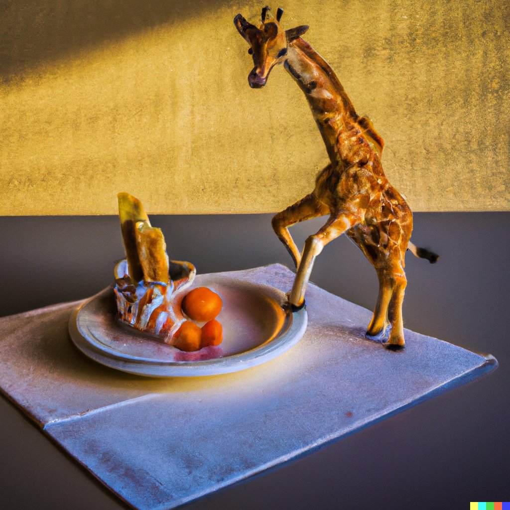 Wohoo #dalle giraffes: two stormtroopers, a breakdancing giraffe and a tiny one that's playing on the breakfast table