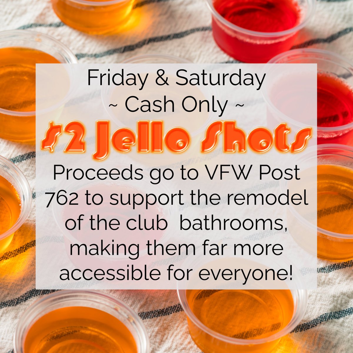 762VFW's tweet photo. This weekend, you can buy a #jelloshot for just $2! Proceeds will be used to remodel the bathrooms making them accessible for everyone! So, come on down to the club to enjoy our live entertainment &amp; support the #downtownFargo VFW Post 762!

#vfw762 #fargoevents #fargofundraisers https://t.co/RJcA3DOVrQ