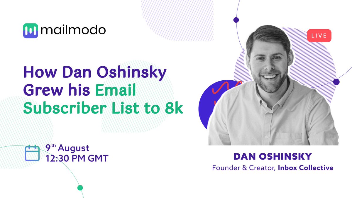 📢 🥁 Drum rolls, please! 🥁 📢

 <a href="/danoshinsky/">Dan Oshinsky</a> will be joining us on our Growth Chat on August 9. 

Register here - bit.ly/3cPuEeL

Together, we'll find out how he grew his email subscriber List to 8k &amp; learn the art of getting the first 100 subscribers. 💯

#mailmodo
