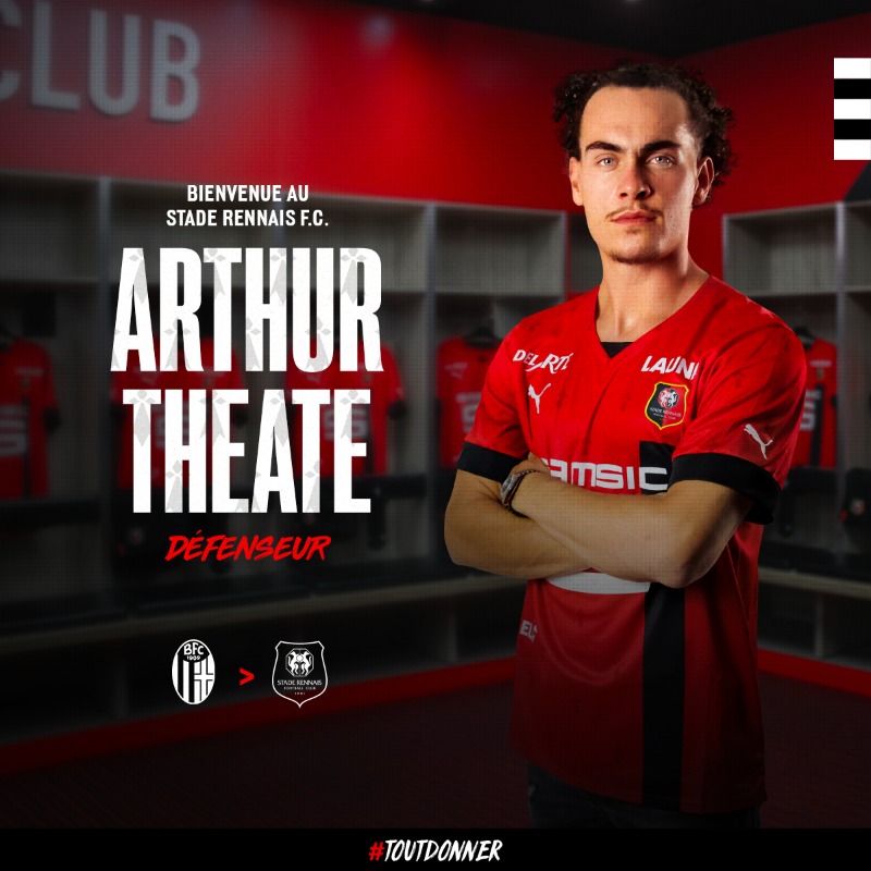 staderennais's tweet photo. [#MercatoSRFC] 

@ArthurTheate 𝗲𝘀𝘁 𝗥𝗼𝘂𝗴𝗲 𝗲𝘁 𝗡𝗼𝗶𝗿 ! 🆕✍

International chez les @BelRedDevils 🇧🇪, le défenseur central de 22 ans, rejoint le SRFC en provenance de @BfcOfficialPage. Il a paraphé un contrat de quatre ans. Bienvenue chez toi Arthur ! 🤝