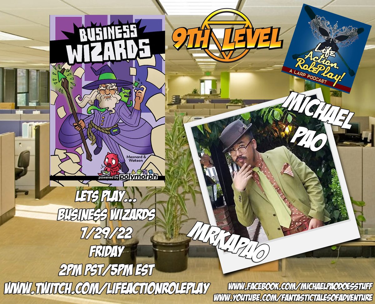mrkapao's tweet photo. Lets get down to business...MAGIC BUSINESS!!! I'll be joining game designer @patrickdkwatson and players @BardOfMany and @theloveliestliz for a #game of @9thLevelGames #TTRPG #BusinessWizards!

LIVE today at 2PM PST via @RyanOMGa's #LifeActionRolePlay (https://t.co/VF6IuMT7eg)! https://t.co/oOYw39JwVW