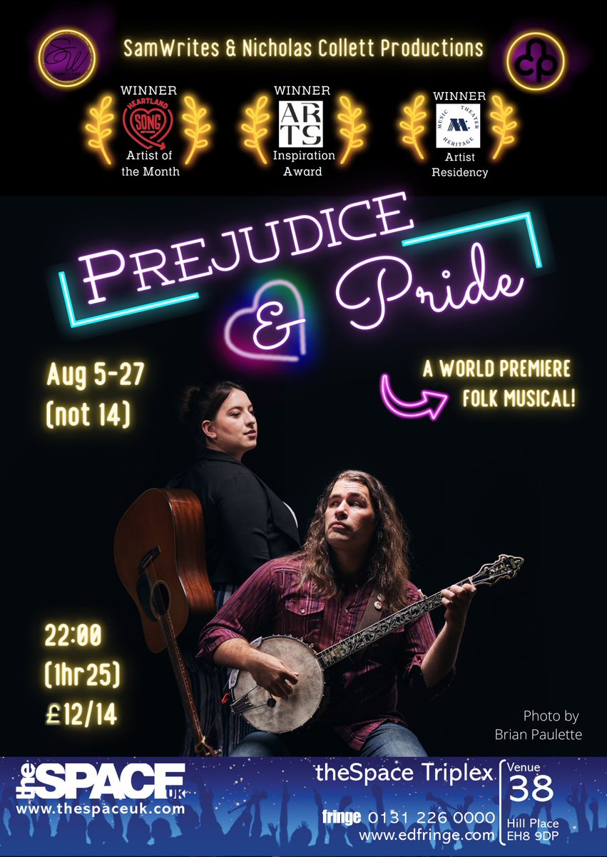 SamWrites3's tweet image. Oh my!!! Prejudice &amp;amp; Pride, our new modern American, gender-swapped, Jane Austen folk musical opens at @edfringe one week from today! Be the first to see this “Fantastic” (KC Studio), “Hilarious” (Broadway World), “As refreshing as Clueless” (Pitch KC) world premiere!