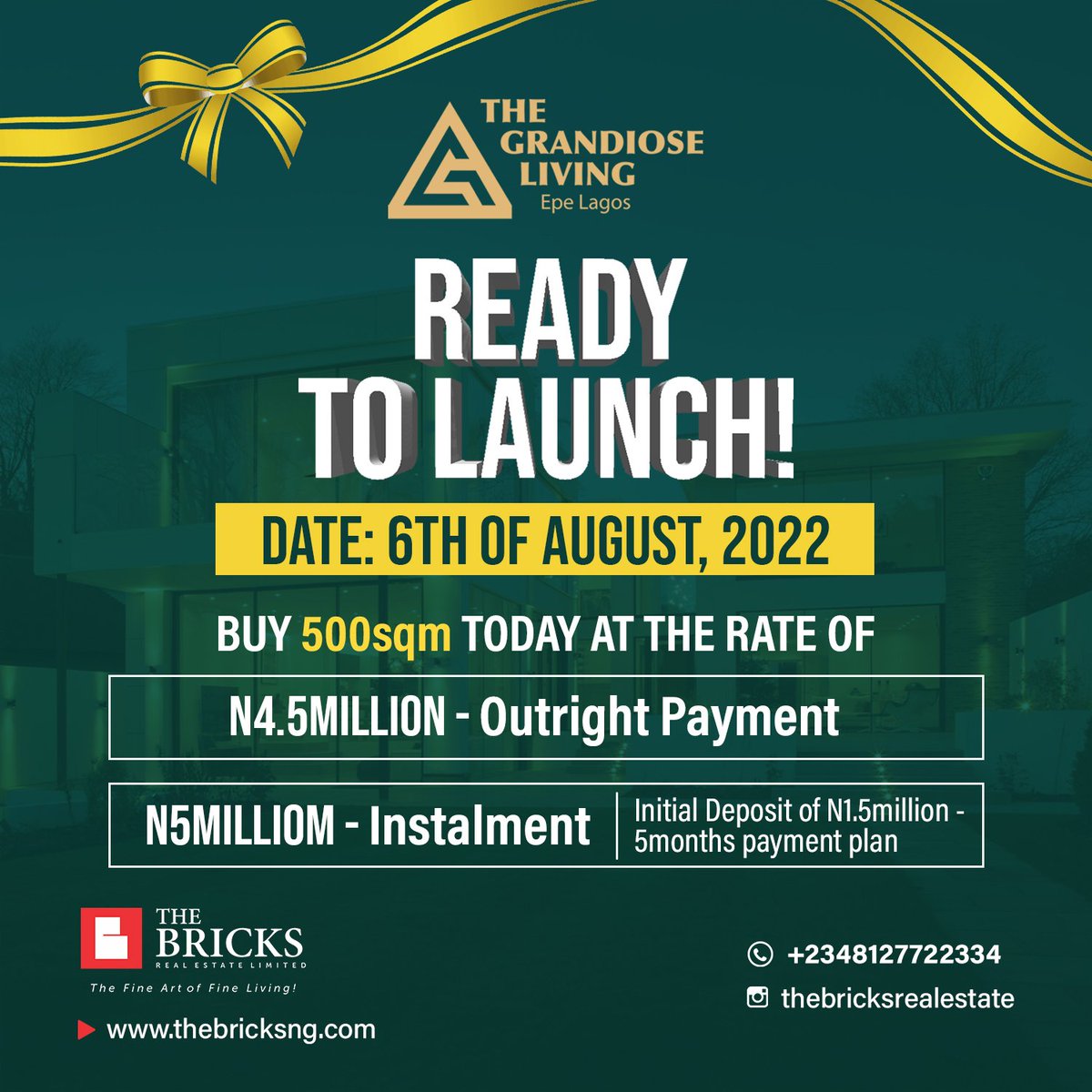 TheBricksEstate's tweet photo. Are you ready??

We're excited to announce the date for the launching of The Grandiose Living Epe-Lagos 🎊🎉. Saturday 6th of August is the set date.

You can still buy your plot(s) today. 
Call Joy on +2348127722334

#sellingcontent #RealEstate #fridaymorning #NFTs #business # https://t.co/LmqGE009V1