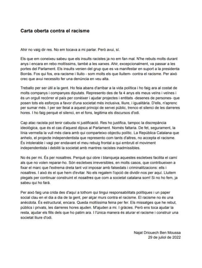 ✍️Trenco el silenci després del que va passar ahir, a les portes del Parlament.  
No ho faig per mi. És per nosaltres.

Carta oberta contra el racisme 👇