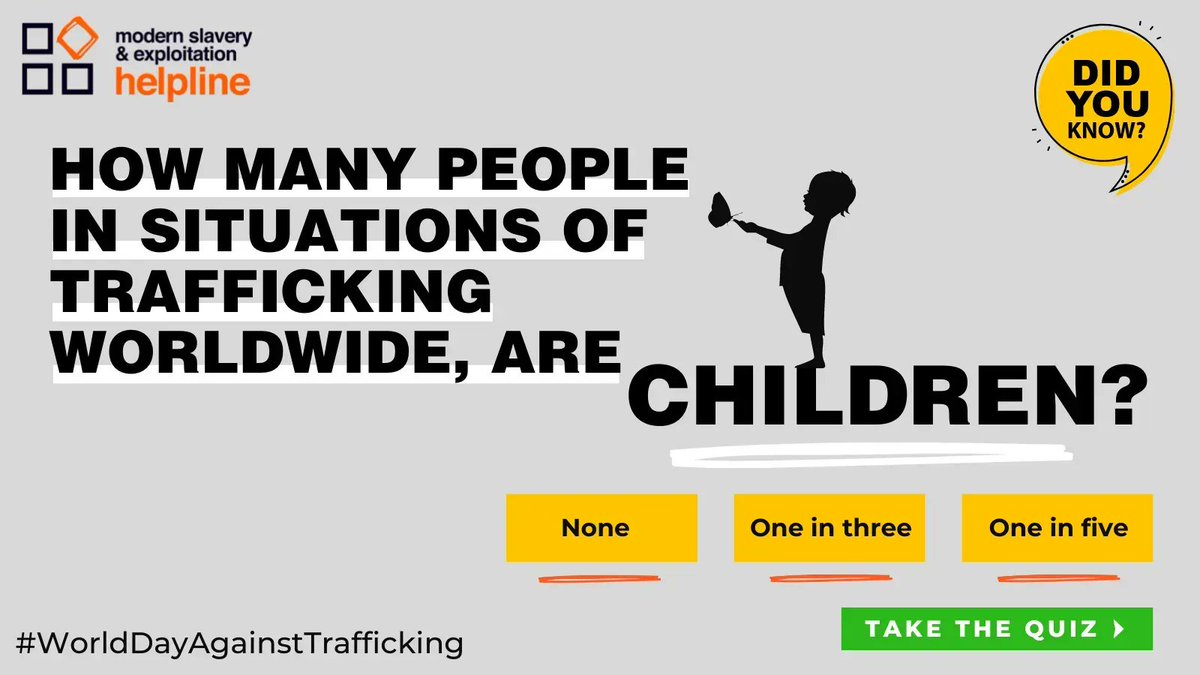 Did you know that #children make up nearly one in every three #humantrafficking victims worldwide? Two out of every three are girls. Ahead of #WorldDayAgainstTrafficking, take our quiz &amp; test your knowledge of this growing crime: bit.ly/3zl5AVK #WDAT #WDAT22 <a href="/UNODC/">UN Office on Drugs & Crime</a>