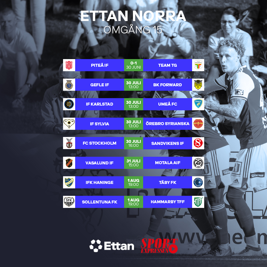 Ettanfotboll's tweet photo. Sommaruppehållet är över och nu är det dags att dra igång seriespelet igen - som vi har längtat. Här är spelschemat med avsparkstider för omgång 15!

Samtliga matcher ser du på SportExpressen Play. https://t.co/O2ViHum2Et