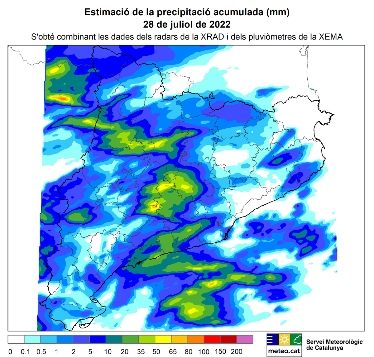 meteocat's tweet photo. Ahir dijous 28 de juliol els xàfecs amb tempesta van ser protagonistes a diversos sectors del país.
Destaquen els 74 mm de Calaf (#Anoia) i els 57,8 mm a Santa Coloma de Queralt (#ConcadeBarberà).
En alguns casos van anar acompanyats de calamarsa o pedra.
#XRAD #XEMA #XOM https://t.co/F4hzDmAnVv