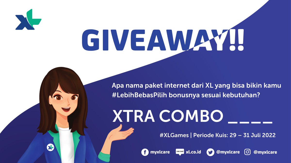 💙GIVEAWAY💙
 Yuk, ikutan Giveaway dari Maya! Ada total hadiah Pulsa 1 Juta untuk 5 Teman Maya lho. 😊

👉 Gini nih caranya:
1. Follow akun Twitter <a href="/myXLCare/">myXLCare</a> 
2. Jangan lupa RT &amp; Like tweet ini 
3. Jawab pertanyaan sebanyak mungkin dengan benar
4. Gunakan hashtag #XLGames ya