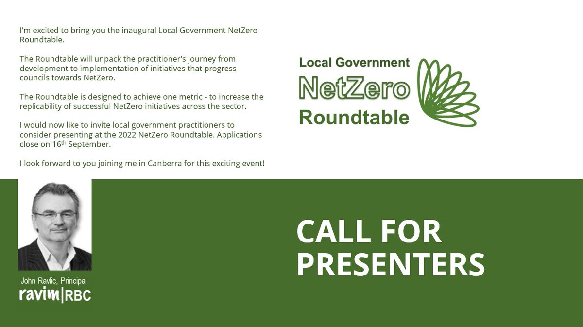 JOHNRAVLIC's tweet photo. 2022 NetZero Roundtable call for presenters is now open. The Roundtable is aimed at #localgovernment #sustainability practitioners tasked with designing and implementing #council initiatives to achieve #NetZero. If you are interested go to:
https://t.co/dM5QBPRrKr https://t.co/276iYIZgKp
