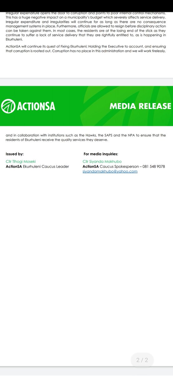 ActionSACaucusE's tweet photo. The City of Ekurhuleni must recover R219 million from officials and companies that were identified as being responsible for irregular expenditure and other irregularities*

DATE: 29 July 2022 
RELEASE: Immediate

@HermanMashaba @BonganiBaloyiBB
@MosekiTlhogi 
@Action4SA https://t.co/nT085QG7uW