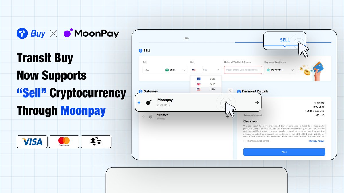 TransitFinance's tweet photo. 🤝We are pleased to announce that #Transitbuy now supports selling through #Moonpay.💳

👀Hit #Sell on https://t.co/jsAc64AMtJ to get started!

@moonpay
 #visa https://t.co/mgx6OKjlnQ