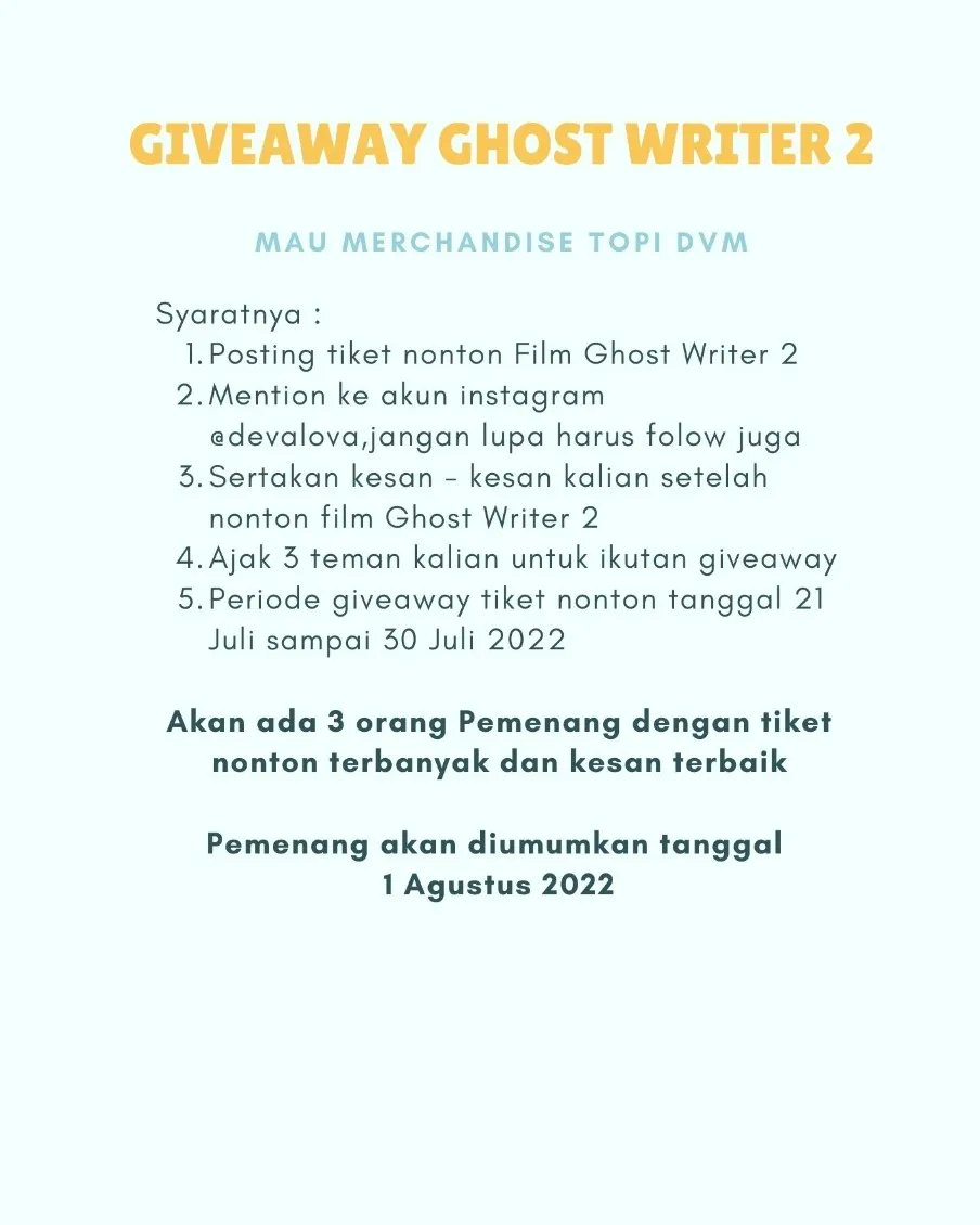 devalova_'s tweet image. Ayo ikutan Giveawaynya guys di akun instagram @devalova

Jangan lupa juga nonton Ghost Writer 2 masih tayang di bioskop
@DevaMahenra