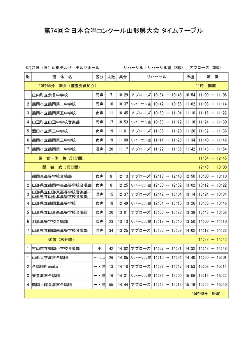 第74回全日本合唱コンクール山形県大会
タイムテーブル