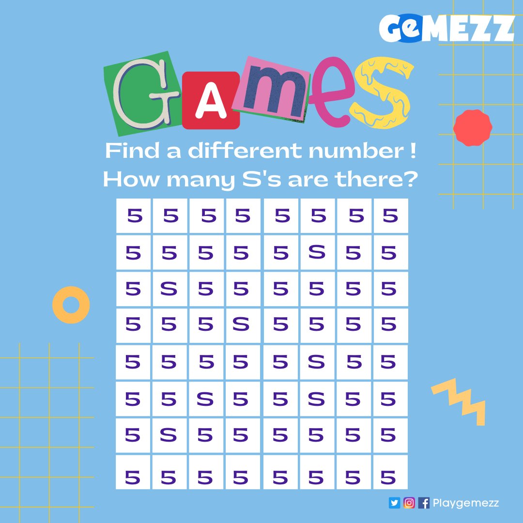 playgemezz's tweet photo. Today's quiz! Can you find how many the letter S is here? Let's find out!π€π€
#PlayGemezz #MobileGame #Gemezz #HTML5Games #gamer #games #gaming #gamecompetition #stayhome #staysafe #stayhealthy https://t.co/91iYHZY5eL