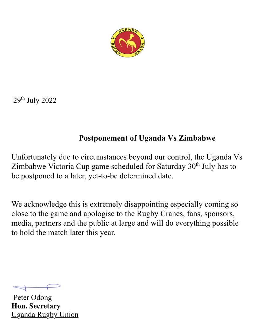 Uganda Rugby Union postponement letter. Photo Courtesy/URU.