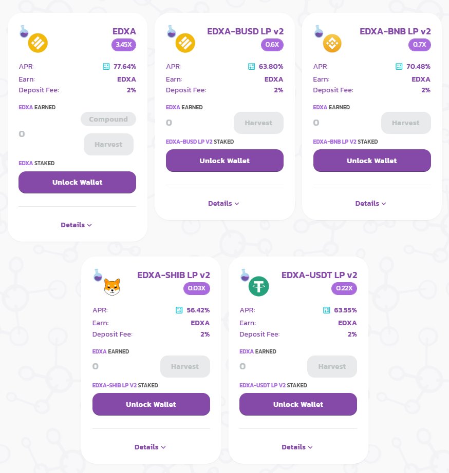 Earn EDXA as passive income at EDXA Labs incubator.

Earn as high 80% APR !!

farm.edxa.co/farms

#defi #cryptocurrency