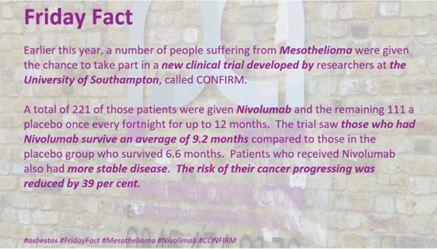 PAGroupUK's tweet photo. #asbestos #FridayFact #Mesothelioma #Nivolumab #CONFIRM https://t.co/faaf3S2LQY