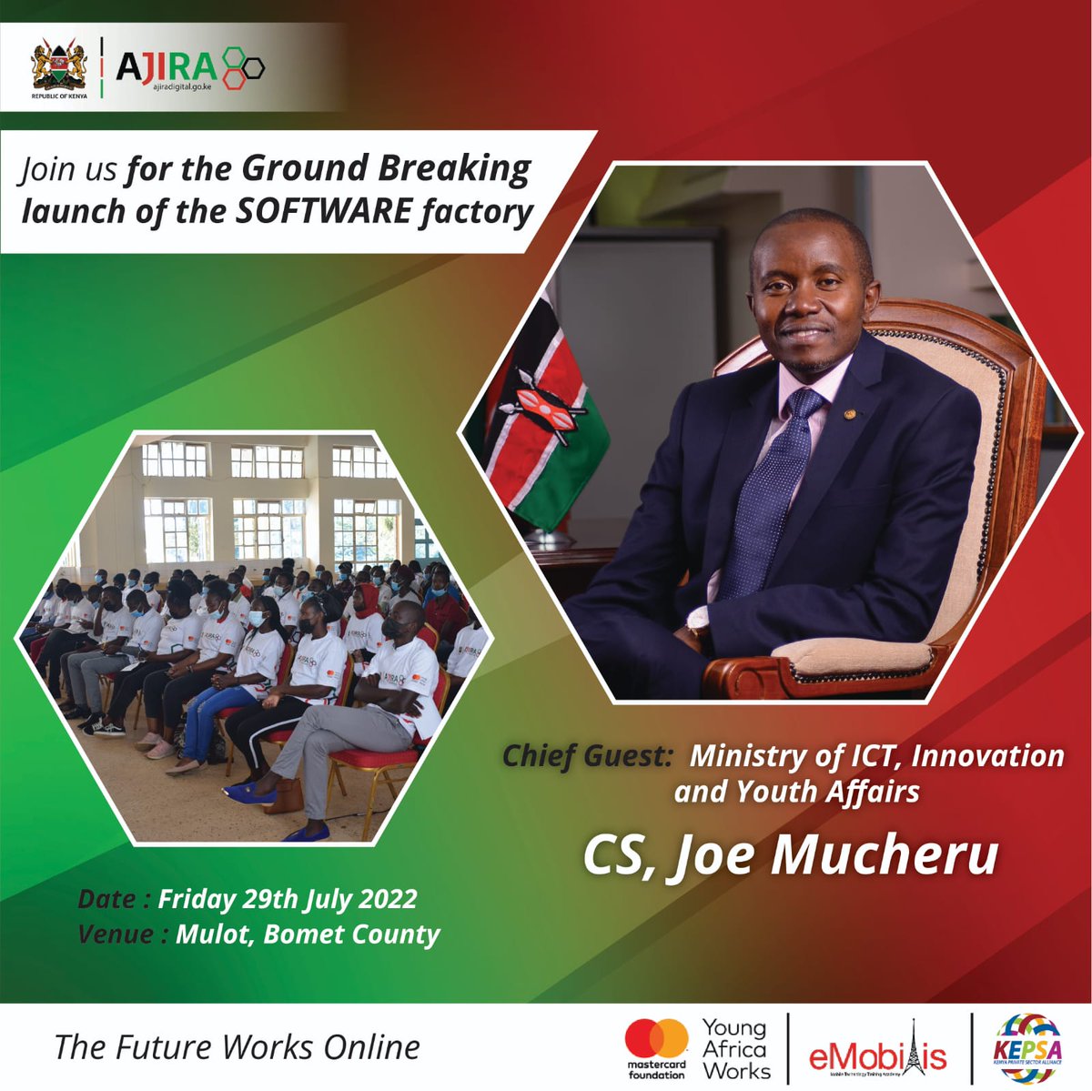 Bomet county, it is your turn for something big! The ground-breaking launch of a Software factory happening today will provide an environment for innovation and creativity for the youth. #TheFutureWorksOnline #AjiraMashinani
