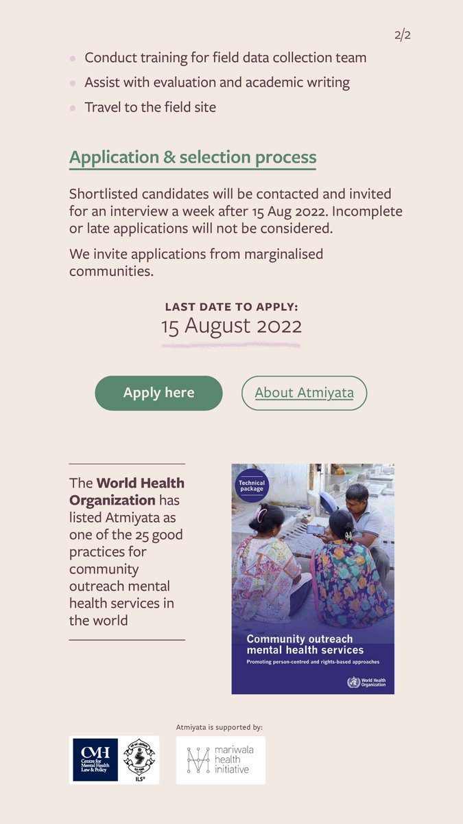 We are looking for a Research Associate to work with us on 'Atmiyata' - our community-based mental health intervention. All details in the images. Please RT to help us spread the word!

Apply here: cmhlp.org/work-with-us/r…

#Jobs #MentalHealth #vacancy