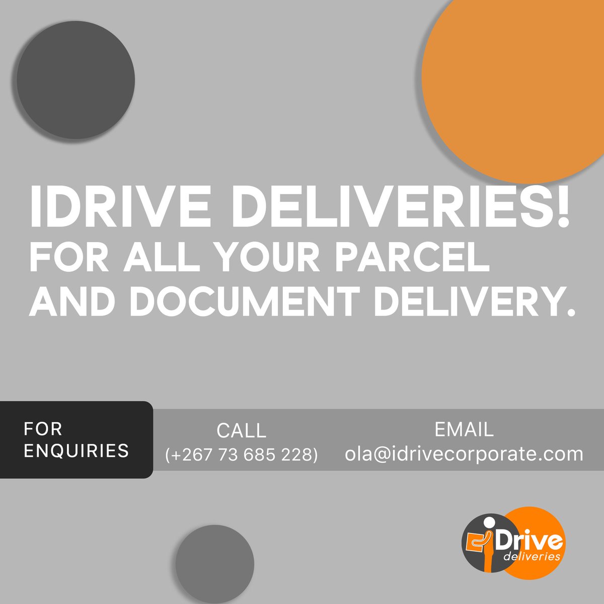 idrivedel's tweet photo. ARE YOU BUSY but want your parcels and documents delivered?Let Idrive Deliveries relief you of the stress.

For more info contact:
📞: (+267) 73 685 228 or (+267) 72 584 066
📩: ola@idrivecorporate.com https://t.co/sGuDwJWtEn