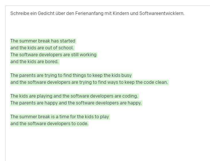 LogimaSoftware's tweet photo. Zum Beginn der #Sommerferien in Bayern haben wir mit OpenAIs #GPT-3 gespielt:

Schreibe ein Gedicht über den Ferienanfang mit Kindern und Softwareentwicklern https://t.co/iI4x2cTn7e