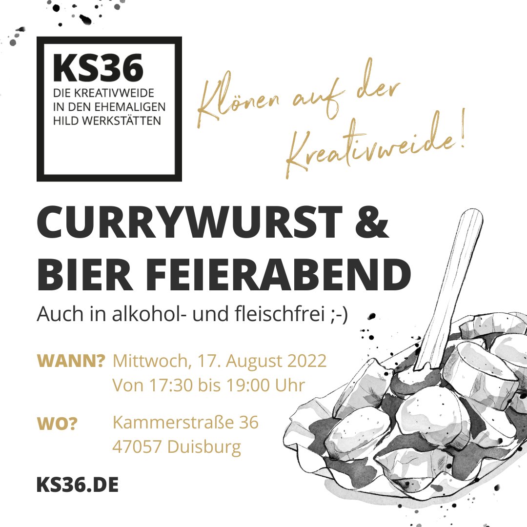 KREATIVWEIDE's tweet photo. Am 17. August findet unser zweiter #Currywurst &amp; #Bier #Feierabend des Sommers statt - kommt vorbei zum Schnacken und Snacken ;-) Wir freuen uns auf Euch!⁠
⁠
Euer #KS36 Team⁠
⁠
PS: bitte vorher über Eventbrite kostenfrei anmelden: https://t.co/VGJ2yWv98U https://t.co/VYEYgtO9OW