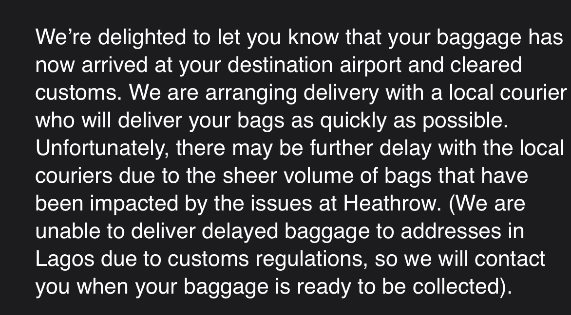 Shrempie's tweet photo. Back in the UK &amp; received the message below last Saturday-still no update. I have no summer clothes, everything was packed in our luggage. Can a human pick up the phone and organise delivery of our cases. @heathrow @VirginAtlantic  @jeremyspake @worldtracer #desperate #Exhausted https://t.co/ha36KthBQv