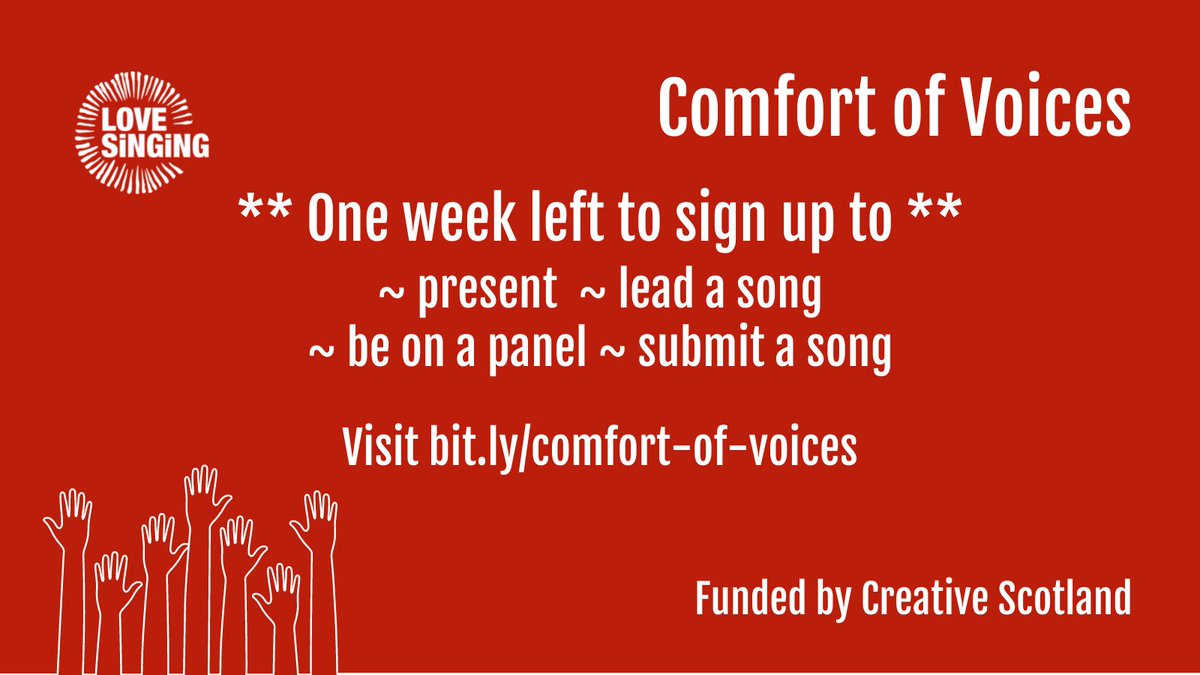 Calling community choir and song leaders! 1 week left to apply to be part of the Comfort of Voices. We're looking for individuals to 1. Lead sessions (paid) 2. Submit a song (unpaid) 3. Volunteer (unpaid). Visit bit.ly/comfort-of-voi… for info. Funded by @CreativeScots