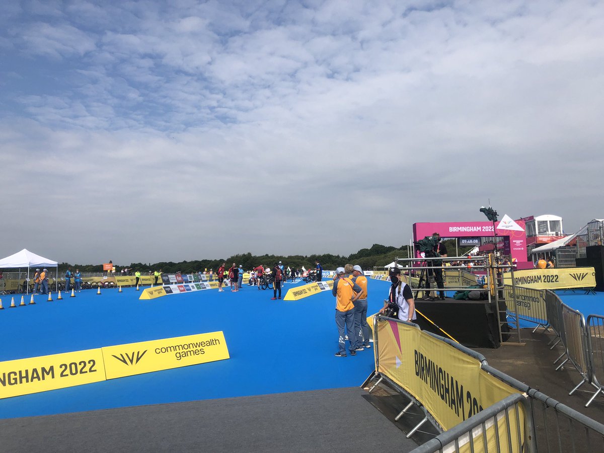 Triathlon on Day 1 of #CWG2022 is almost here, mens race starts at 1101. Athletes are making their final adjustments &amp; setting up transition!