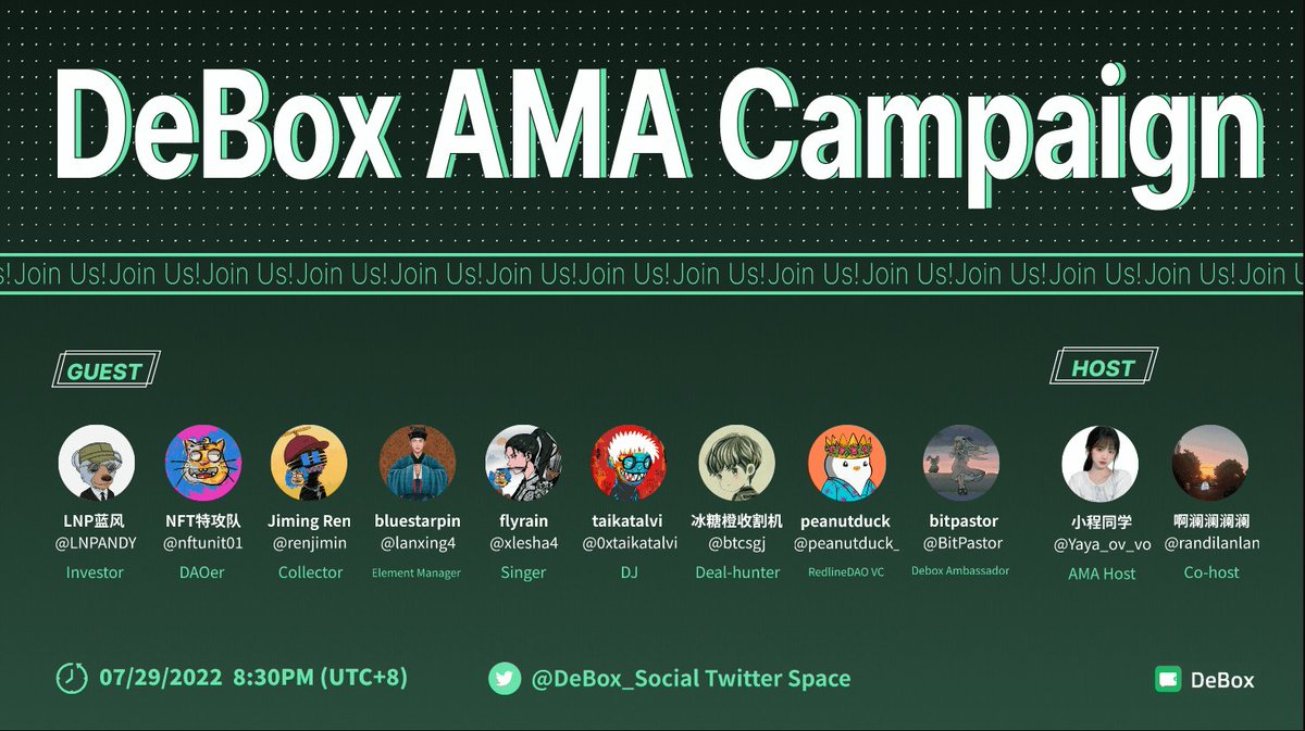 ⏰ Tick!  Tick!
Our AMA is coming at 8:30PM(UTC+8)

🎁2 more WL will randomly give for another 2 guests 
1️⃣ Follow <a href="/DeBox_Social/">DeBox</a>
2️⃣ RT &amp;  ❤️   &amp; Tag 3 Frens
3️⃣ Leave Your Address Below