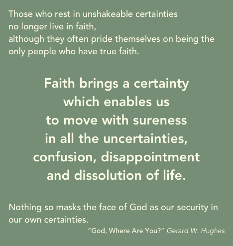 Faith brings a certainty
which enables us
to move with sureness
in all the uncertainties, confusion, disappointment
and dissolution of life.

“God, where are you?” pg 141 Gerard W Hughes <a href="/dlt_books/">DLT Books</a>