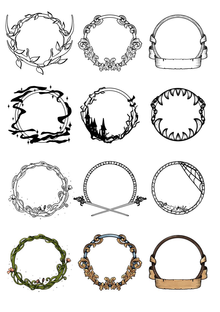 ✨Friday Freebie✨ On offer this week, we have 9 black&amp;white illustrated character token borders + 3 coloured ones for use in your publications, VTT games or whatever else you can think of. Free to use commercially too as always! 
#dnd #ttrpg