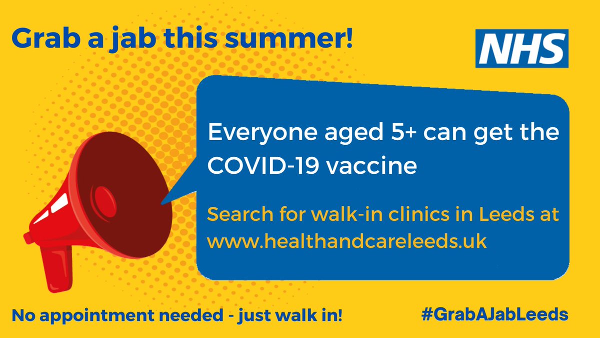 The summer holiday is a great time to grab a jab and keep the family safe from Covid-19. Family-friendly clinics are open around Leeds so you and children aged 5+ can get your vaccinations together. Find a clinic near you: orlo.uk/g23nF #GrabAJabLeeds #TogetherLeeds