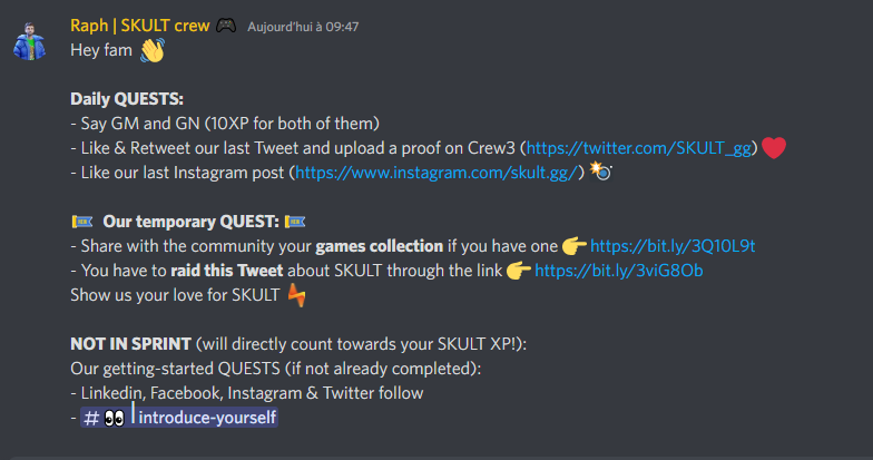 Hello👋
Hier soir sur Discord (discord.gg/fJvrQCJr4W) nous avons annoncé une info importante 🤩
Pour participer à notre ALPHA fermée nous allons sélectionner les personnes qui sont au plus haut niveau grâce à nos QUÊTES ! 🔥

Nos nouvelles QUÊTES👉bit.ly/3JijTxt