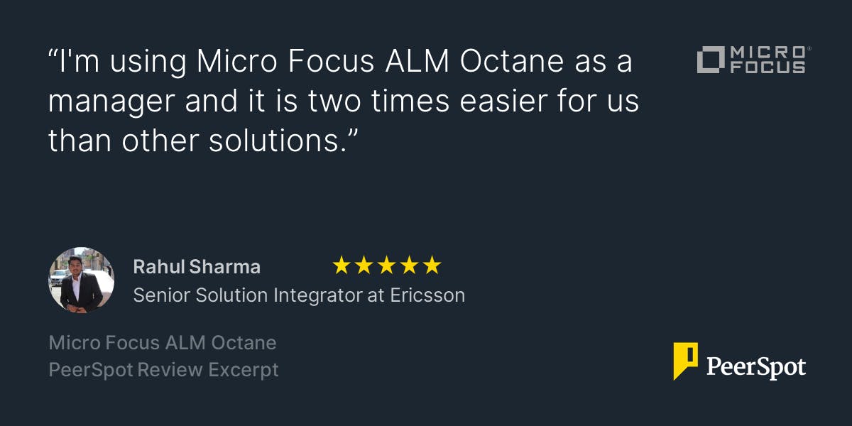 mg2740's tweet photo. Senior Solution Integrator at Ericsson gives @MicroFocus ALM Octane ★★★★★'s in @PeerSpot's Application Lifecycle Management (#ALM) category. #CustomerSuccess #MyCompany https://t.co/QLyzL5BGJP https://t.co/39OMrYwxZT
