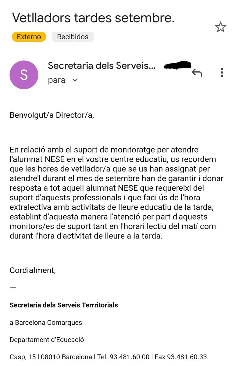 Una salutació als vetlladors/res d'alumnes NESE, que aquest setembre hauran de deixar hores de monitoratge en horari lectiu per atendre a la tarda els alumnes en "hores extralectives amb activitats de lleure educatiu"
