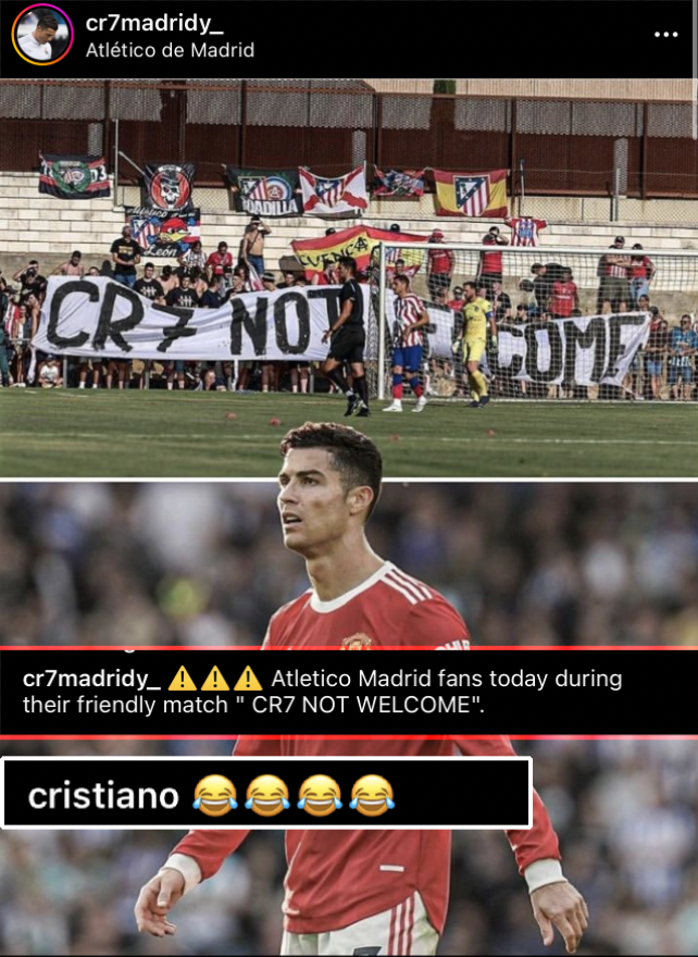 🚨CRISTIANO ROMPE SU SILENCIO🚨

😂El portugués se RÍE en los comentarios de una publicación con la PANCARTA de 'CR7 NOT WELCOME'.

🪧Fue lucida por aficionados del ATLETI en su último amistoso.