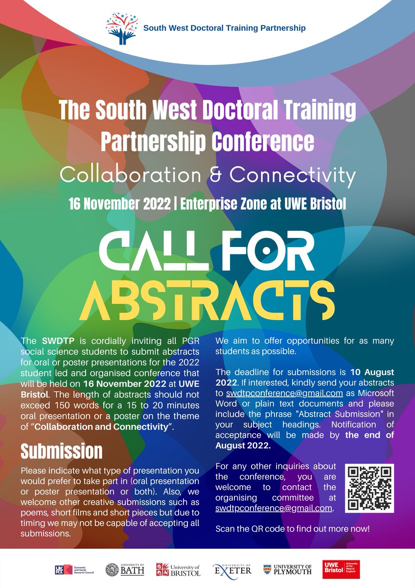 It's that time of year again: The South West Doctoral Training Partnership Conference Call for Abstracts!

Theme: Collaboration and Connectivity

Date: 16 November 2022

Venue: Enterprise Zone at UWE Bristol

(alt text for the attached flier in the thread below)

#SWDTPconference
