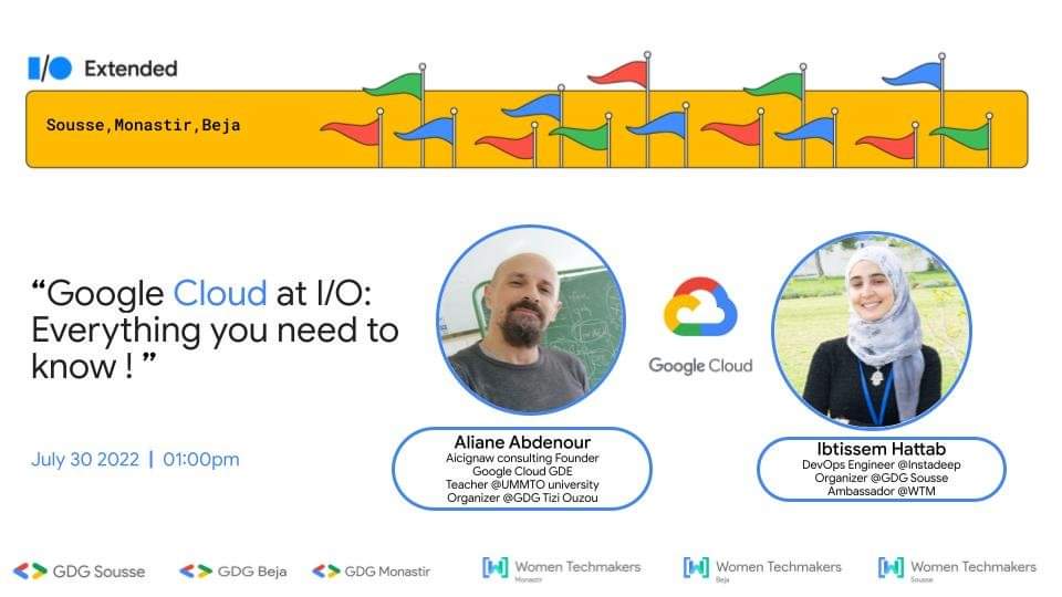 📣Speakers Announcement📣
An epic session will be hosted by <a href="/IbtissemHattab/">Ibtissem Hattab</a> and Aliane Abdenour about <a href="/googlecloud/">Google Cloud</a>
#gdgsousse #gdgMonastir #gdgBeja  #IOExtended22 #googleio
<a href="/GDGMonastir/">GDG Monastir</a> <a href="/GDGBeja/">GDG Beja</a> <a href="/GDGSousse/">GDGSousse</a> @gdgmena <a href="/googledevgroups/">Google Developer Groups</a> <a href="/WomenTechmakers/">Women Techmakers</a>