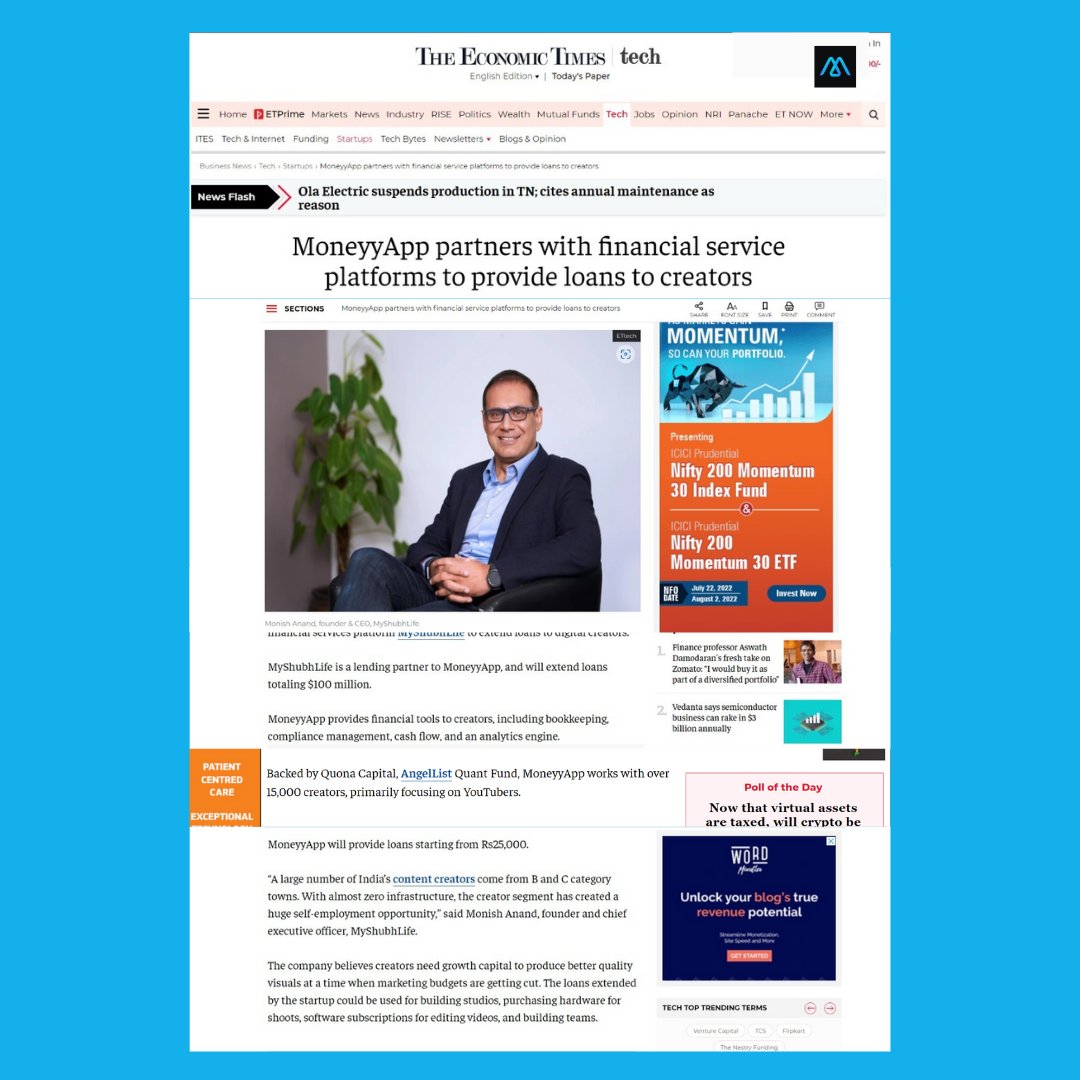 MyShubhLife, a financial service platform partnered with Moneyyapp in order to provide loans to the digital creators. Our lending partner, MyShubhLife, will extend loans totalling $100 million.
MoneyyApp—a fintech startup provides creators with financial tools such as bookkeeping