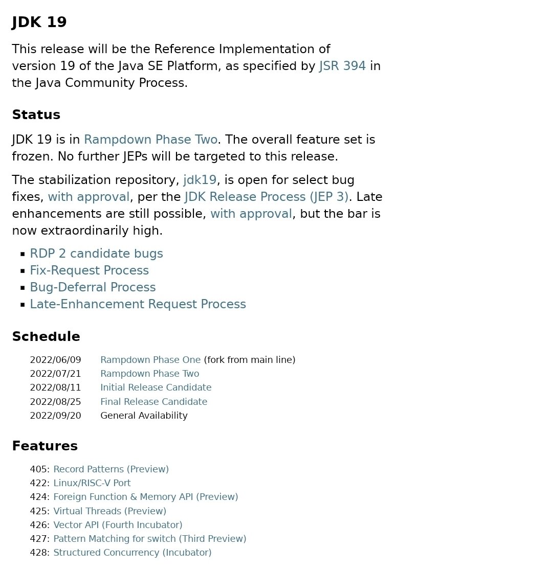 deepu105's tweet image. JDK 19 is so far the most exciting Java release yet, IMO. So many cool preview features
👉 Record patterns
👉 Foreign function & memory API
👉 Virtual threads
👉 Structured concurrency
and more...
#java #openjdk
openjdk.org/projects/jdk/1…