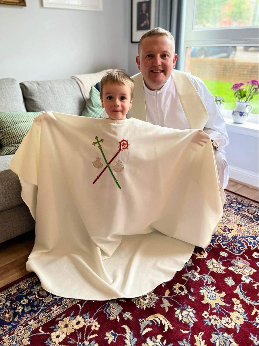 FrRyanBlack's tweet photo. Last night, after celebrating Mass with friends, their 2-year-old son was keen to try on the vestments. What makes this even more wonderful is that I was privileged to baptise him two years ago.
#vocationsawareness #thefuture https://t.co/8pQFLo87a2