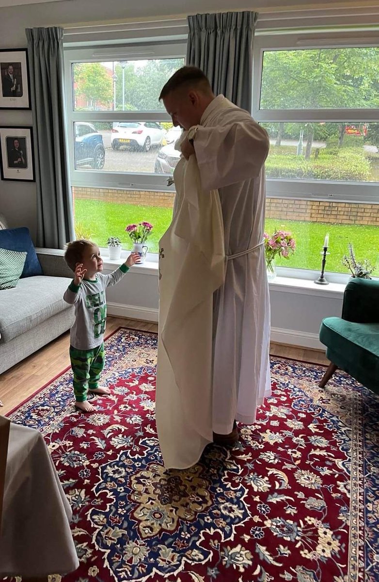 FrRyanBlack's tweet photo. Last night, after celebrating Mass with friends, their 2-year-old son was keen to try on the vestments. What makes this even more wonderful is that I was privileged to baptise him two years ago.
#vocationsawareness #thefuture https://t.co/8pQFLo87a2