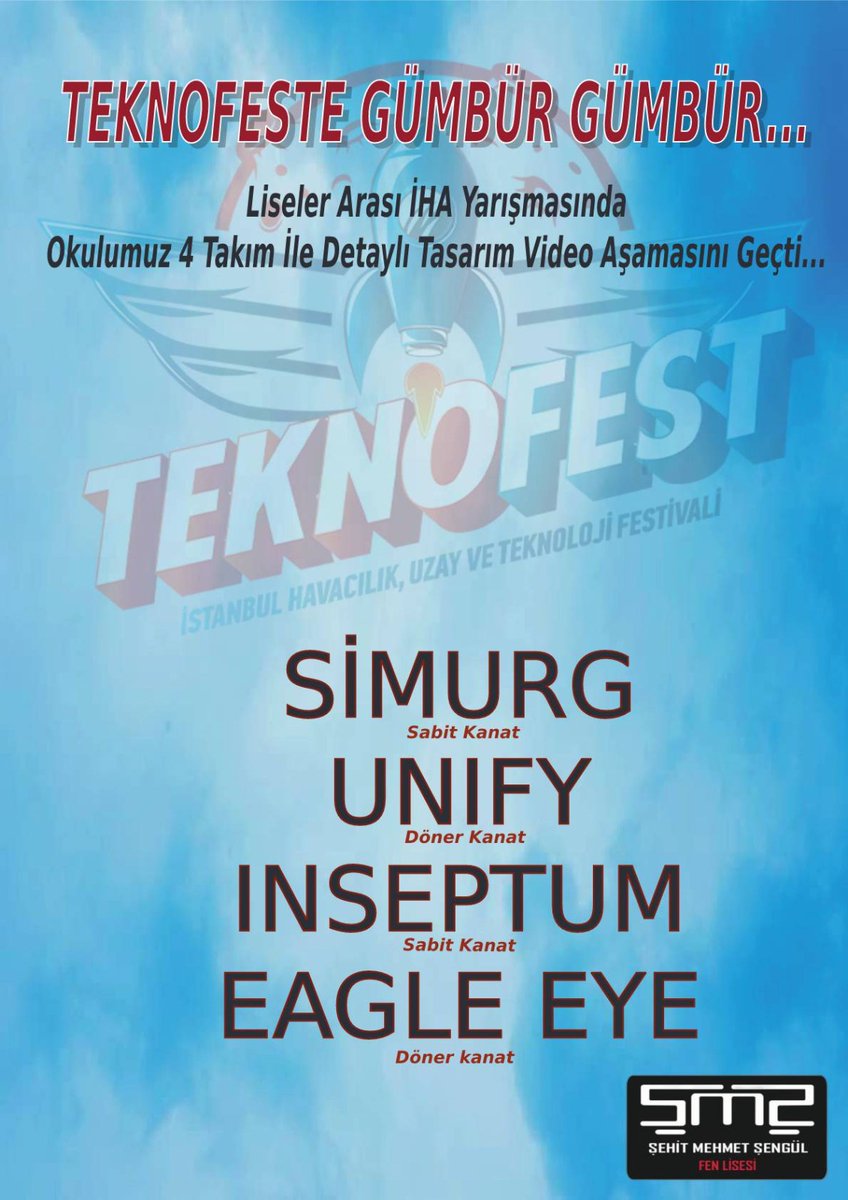 TEKNOFEST liseler arası insansız hava araçları yarışmasında okulumuz  4 takımla video aşamasını da geçerek  final de yarışmaya hak kazandı. Danışman öğretmenlerimiz Musa ÖZPARÇA, Sanem İNCİ, Mehmet ELMAS, Hüdaverdi BEKTAŞ ve  öğrencilerimizi tebrik ediyor  başarılar diliyorum.