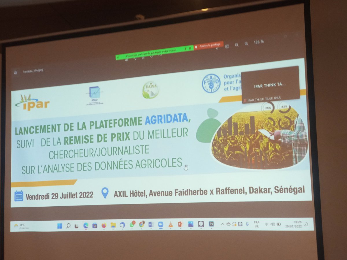 basileniane's tweet photo. Dans quelques minutes, @IPAR_ThinkTank va révéler le nom du meilleur journaliste/Chercheur sénégalais sur l'analyse des données agricoles. Une occasion pour le #ThinkThank de lancer la plateforme #agridata. C'est la première édition du concours #Prixagridata @statsenegal https://t.co/JuVAio3WtW
