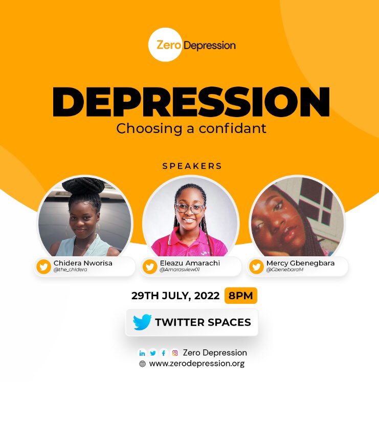 zerodepression_'s tweet image. Depression is one topic that is not heavily discussed out there and we want to change the narrative at ZeroDepression😇 ... join us on Twitter space today by 8pm  
let&apos;s discuss &quot;Depression: Choosing a confidant
#zerodepression

#comingoutofdepression
#zerodepression