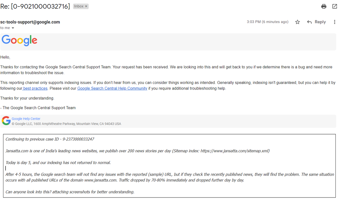 ImChandanKumar's tweet photo. @kmadhav @rustybrick @JohnMu @dannysullivan @googlesearchc Day 5: Reported again with case ID: 0-9021000032716. Case Brief: URL Inspection > Google Index > URL is not on Google, Live Test > URL is available to Google, Indexing status: No, after 4-5 hours Indexing status: Yes. Still waiting to get resolved. @googlesearchc @searchliaison https://t.co/dWwqjpKwoY