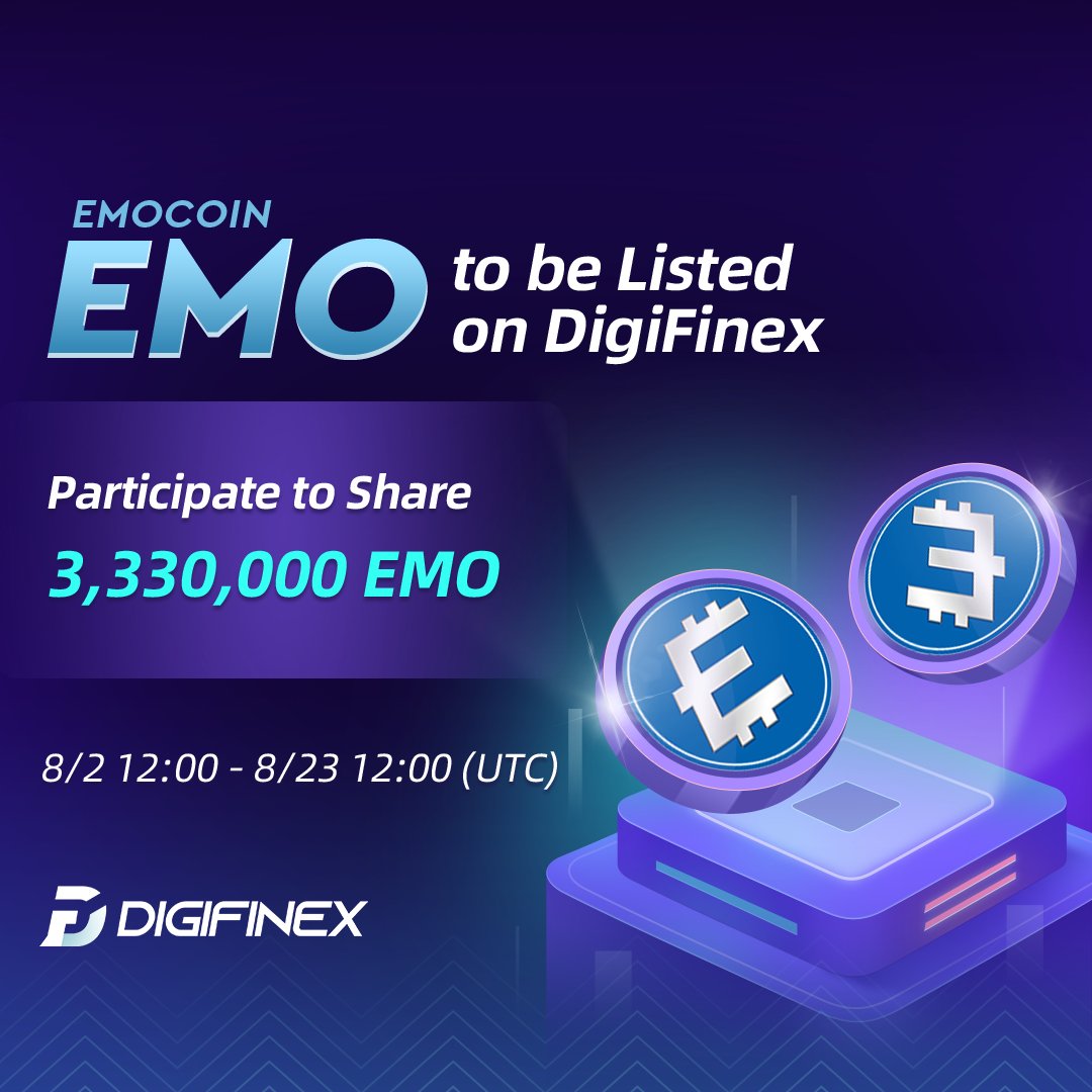 🎯New Coin #Listing on #Digifinex $EMO
<a href="/its_emocoin/">Emo Technologies</a>
🥳#Follow &amp; #Retweet to Share 1,000,000 EMO now! ⬇️ (3.33 million in total)

💡Details: reurl.cc/aGvkpl
🥳Register: reurl.cc/44mQQK

⏰Trading time: Aug 3rd, 2022 12:00 (UTC)
📈To Trade: digifinex.com/en-ww/trade/US…