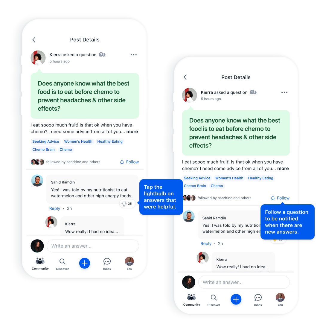 With the new Q&amp;A feature, members can ask a question, mark useful answers and even follow questions asked by others to keep an eye on responses! 

It's a whole new way of sharing. Check it out in the app now 👉 bit.ly/3ASUAho 2/2 #WarOnCancer